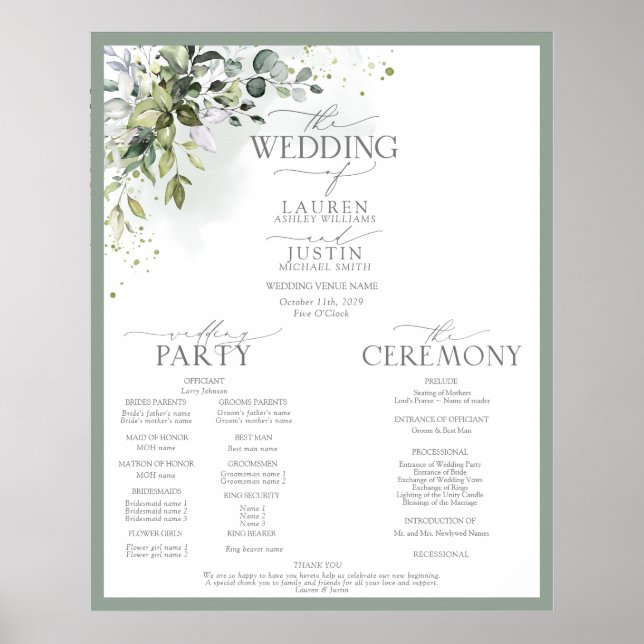 Poster Programa de Casamento Floral de Greenery Botânico (Frente)