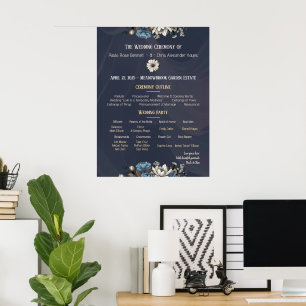 Poster Programa de Casamento Floral Elegante do marinho