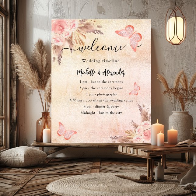 Poster Programa de casamento floral rosa pampas com crono (Criador carregado)