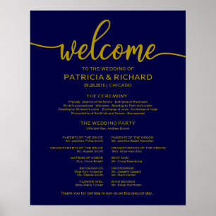Poster Programa de Cerimônia de Casamento Dourado Azul-Na
