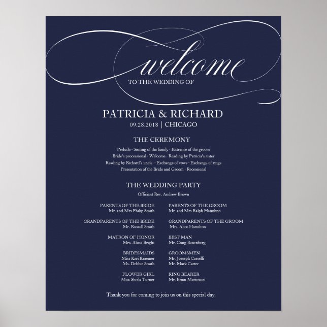 Poster Programa de Cerimônia de Casamento Elegante Azul-N (Frente)