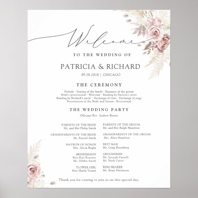 Poster Programa de Cerimônia de Casamento Floral Rosa Poe (Frente)