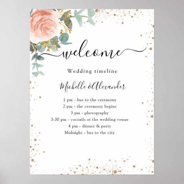 Poster Programa de cronograma de casamento rosa ouro flor (Frente)
