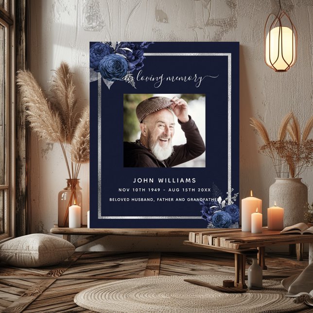 Poster Programa de funeral com flores azul-marinho e foto (Criador carregado)