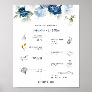 Poster Programa de Itinerário de Casamento Floral Azul Em