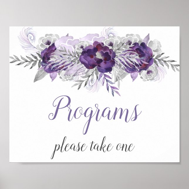 Poster Programas de Casamento Florais Roxo Prata Cinza Si (Frente)