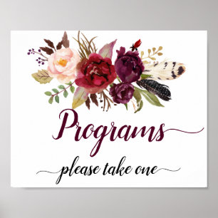 Poster Programas de Casamento Floral Boho Marsala Borgonh
