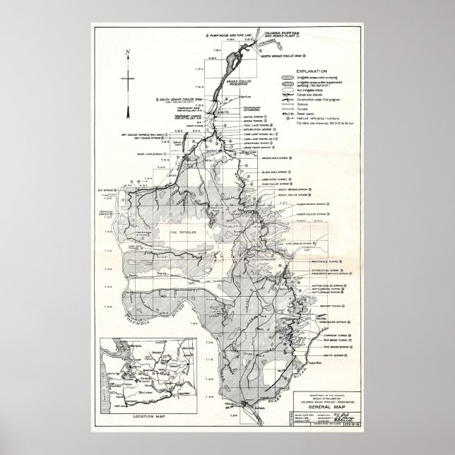 Poster Projeto de Plano 1932 da Barragem de Coulee, Rio W (Frente)