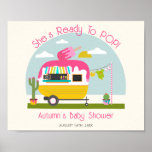 Poster Pronto Para Chá de fraldas De Garota De Pop De Gel<br><div class="desc">Chá de fraldas de menina com pop de gelo com ilustração de camper com pop de gelo rosa no topo,  cacto ao lado do camper e roupas de bebê penduradas na linha de roupas.</div>