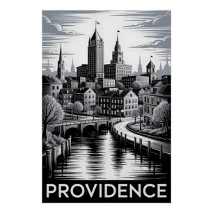 Póster Providence Rhode Island Preto Branco Xilogravura