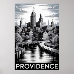 Poster Providência Rhode Island Preto Branco Xilogravura