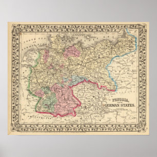 Póster Prússia, mapa dos estados alemães por Mitchell