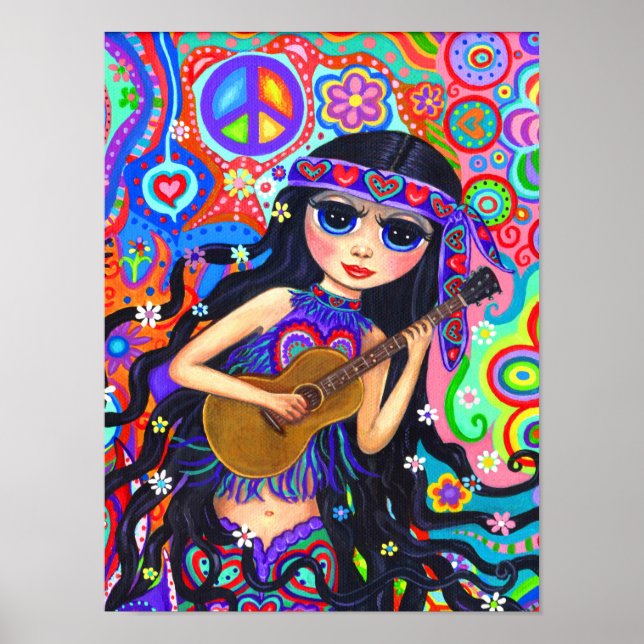 Poster Psicodélica Hippie Mermaid Girl com guitarra Peace (Frente)