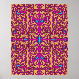 Poster Psicodélica Neon Rosa Barroco Flourish Patterno