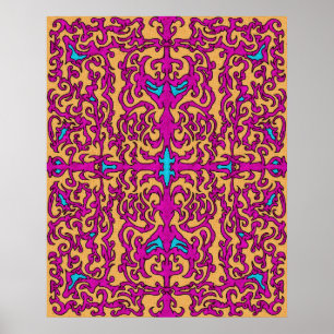 Poster Psicodélica Neon Rosa Barroco Flourish Patterno