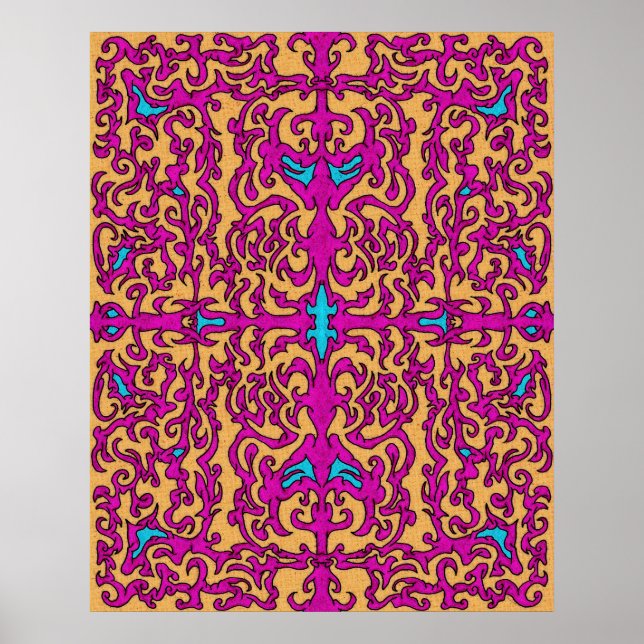 Poster Psicodélica Neon Rosa Barroco Flourish Patterno (Frente)