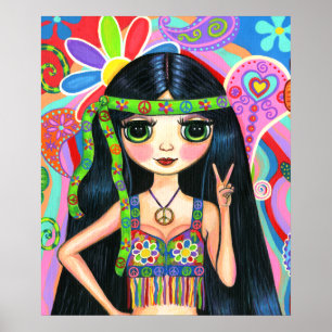 Póster Psicodélico Hippie Girl Headband Sinal de Paz 1960