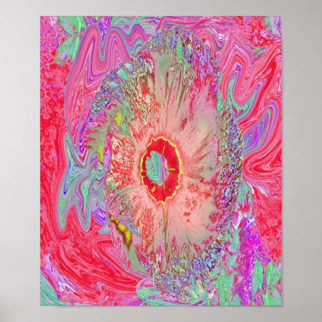 Poster Psicodélico Retro Coral Arco-Íris Hibiscus (Frente)