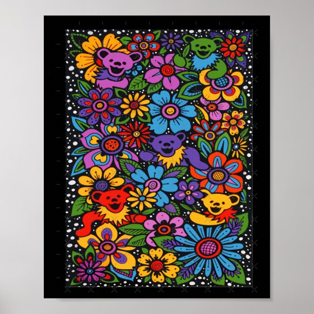 Poster Psychedelic Flowers Dancing Bears Coloured Gratefu (Frente)
