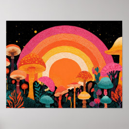 Poster Psychedelic Mushroom Sunset – Retro Fantasy Nature