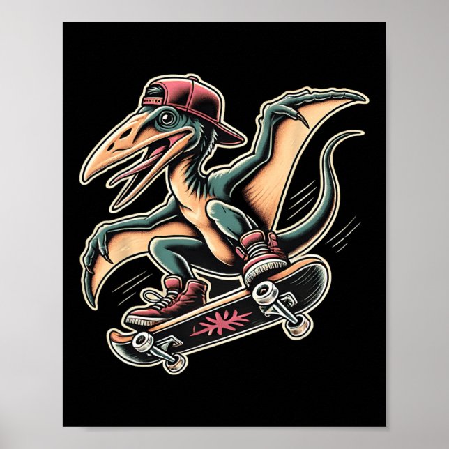 Poster Pterodáctilo Dinossauro Cartoon de Skate Radical (Frente)