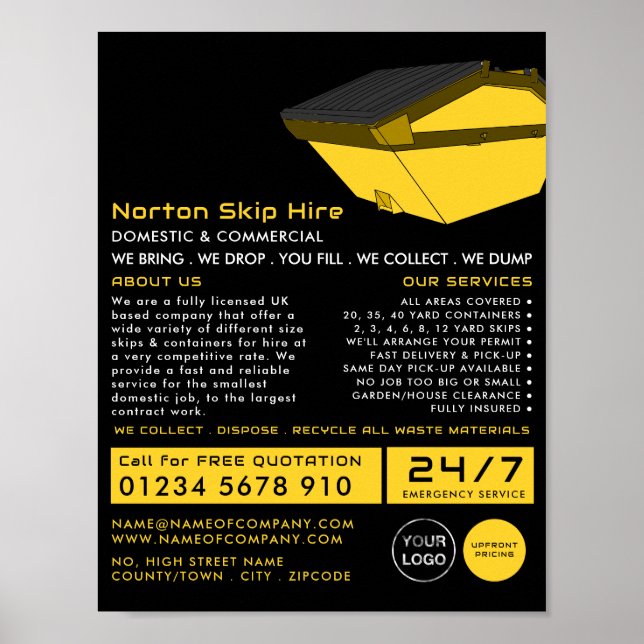 Poster Publicidade de Dumpster Amarelo, Skip/Dumpster Com (Frente)