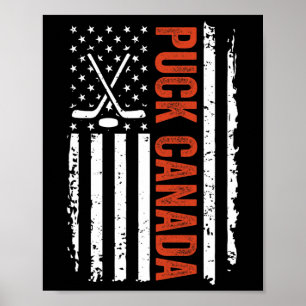 Poster Puck Engraçado Canadá EUA Hóquei Vintage Bandeira
