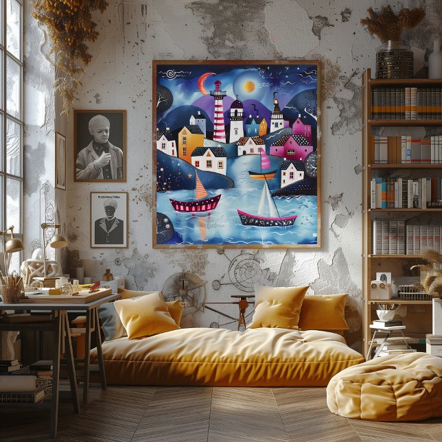 Póster Pueblo Costero Nocturno: Paisaje Folk y Naive. (Criador carregado)