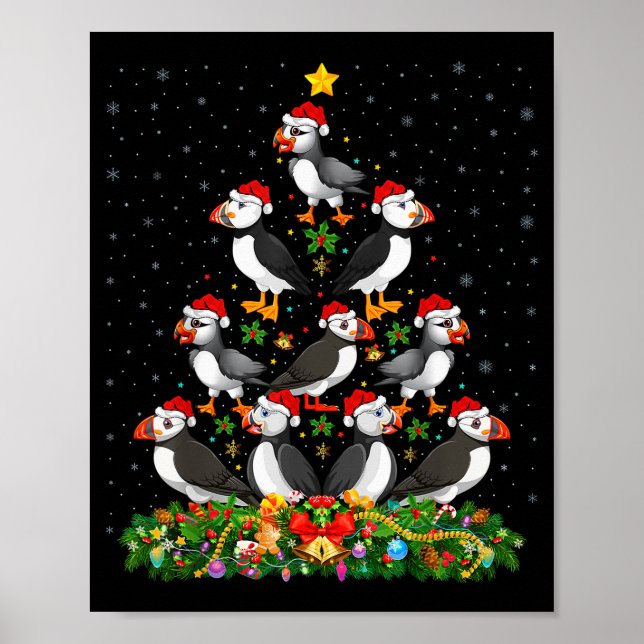 Poster Puffin Bird Xmas Tree Gift Santa Hat Puffin Christ (Frente)