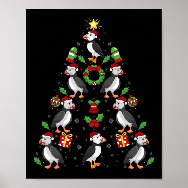 Poster Puffin Birds Xmas Lighting Tree Puffin no Natal (Frente)