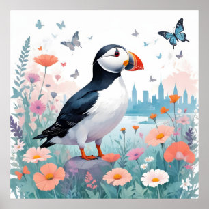 Poster Puffin Vintage Animal Nature Environment Decor Art