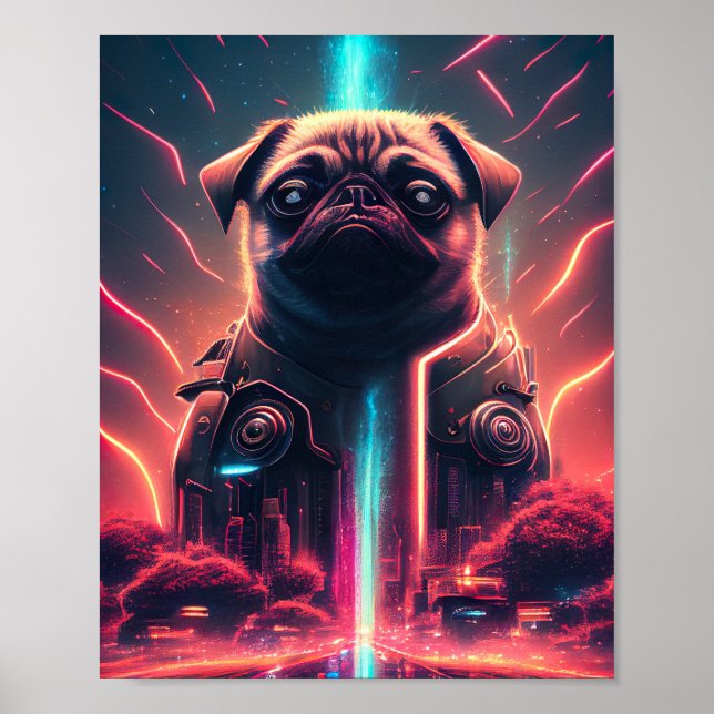 Poster Pug Adorável no Figurino Robô Futurístico (Frente)
