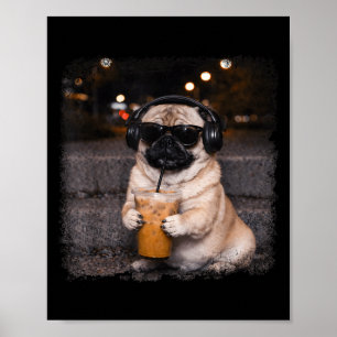 Poster Pug bebendo café gelado amante humor cachorro engr