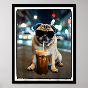 Poster Pug bebendo café gelado animal cachorro meme