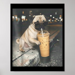 Poster Pug bebendo café gelado meme engraçado de animal c