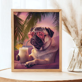 Poster Pug Bebendo Cocktail Retrato de Verão