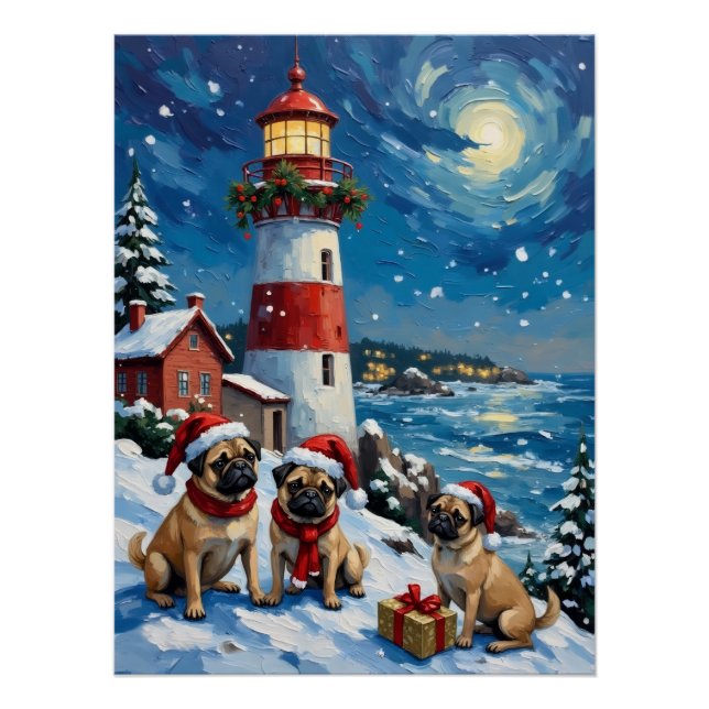 Póster Pug Christmas Lighthouse Holiday (Frente)