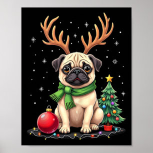 Poster Pug Dog Reindeer Xmas Cachorro Passa Família Engra