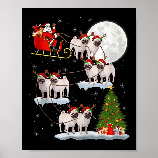 Poster Pug Dogs Santa Sleigh Flying Funny Magical Christm (Frente)