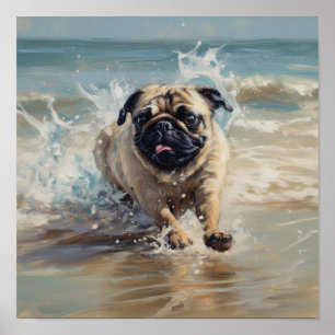 Poster Pug Feliz na Praia