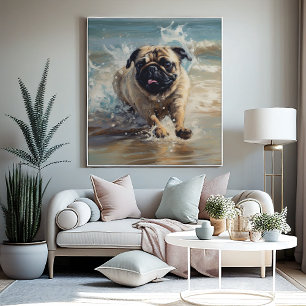 Poster Pug feliz na praia