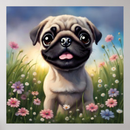 Poster Pug Flowers