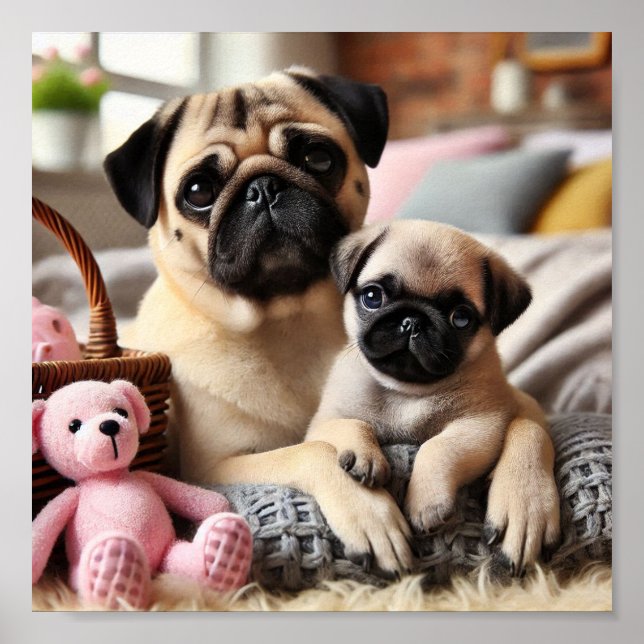 Poster Pug mamãe e seu filhote (Frente)