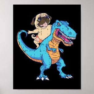Poster Pug Montado T-rex Surfando Dinossauro Amante de Ca