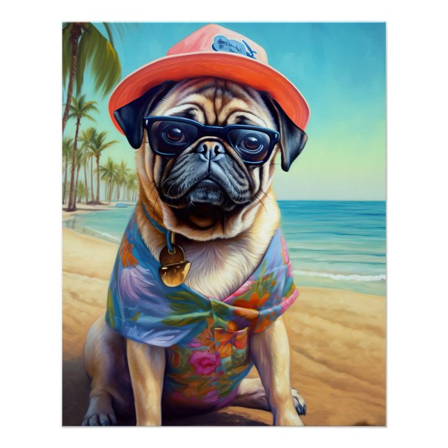 Póster Pug na Praia, presente de verão para amantes de ca (Frente)