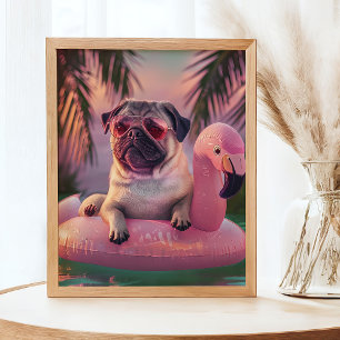 Poster Pug Natação Cocktail Retrato de Verão