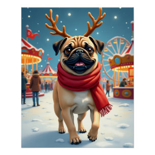 Póster Pug no Natal do Winter Fairgrounds Pintura
