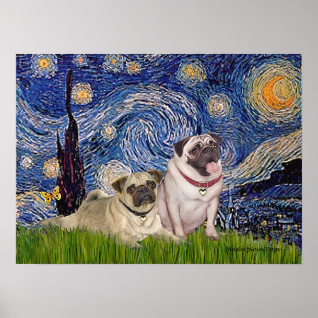 Póster Pug Pair (camisa) - Noite Estrelada (Frente)