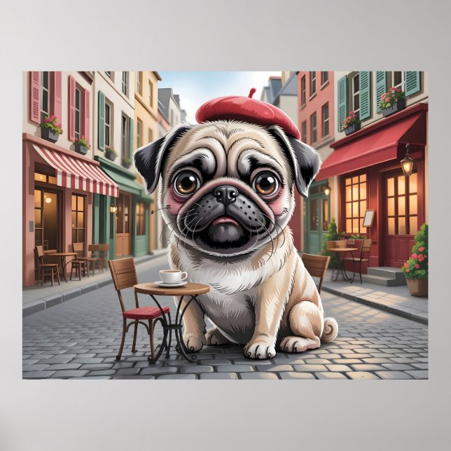 Poster Pug Parisiense em Café na Calçada (Frente)
