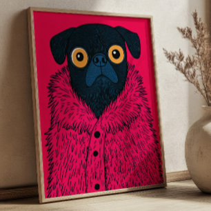 Poster Pug Preto Engraçado em Arte de Moda Animal com Pel